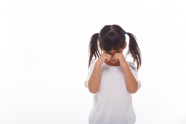 Foto niña llorando en la pared blanca.