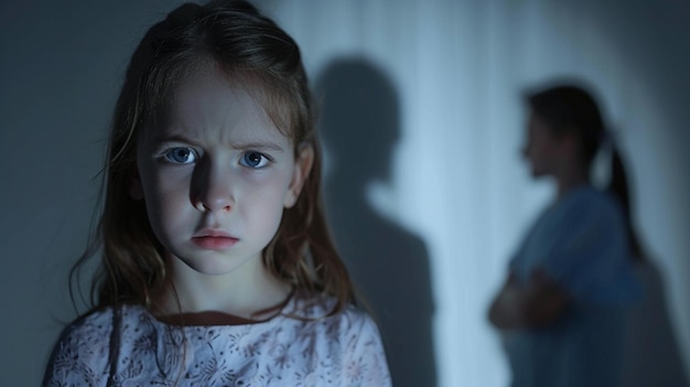 Niña llorando con la sombra de los padres discutiendo violencia doméstica y divorcio