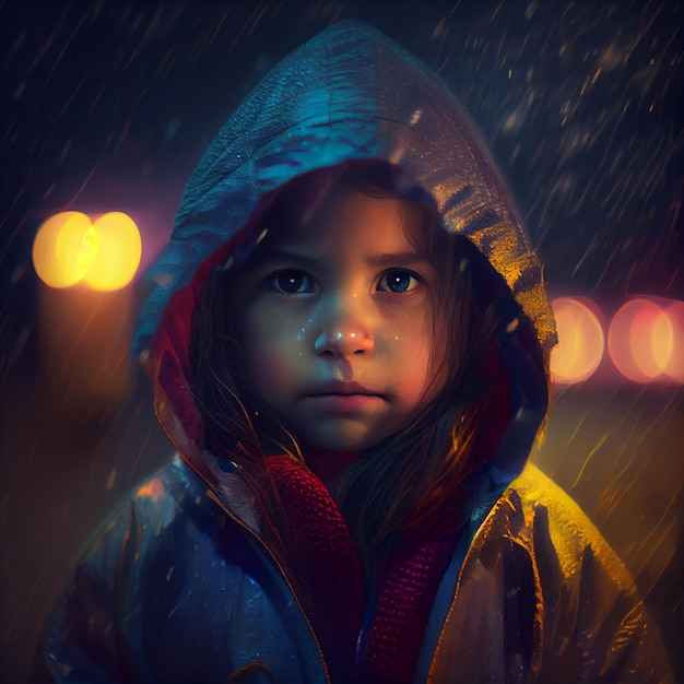 Niña bajo la lluvia intensa