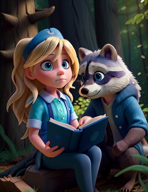 una niña con un lobo y un lobo en un bosque.