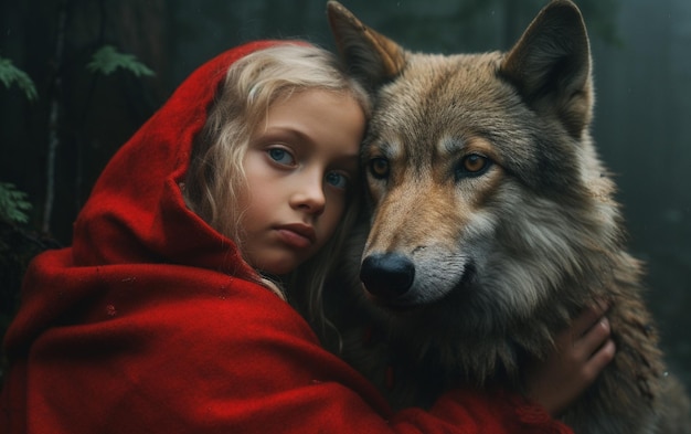 una niña con un lobo y un lobo