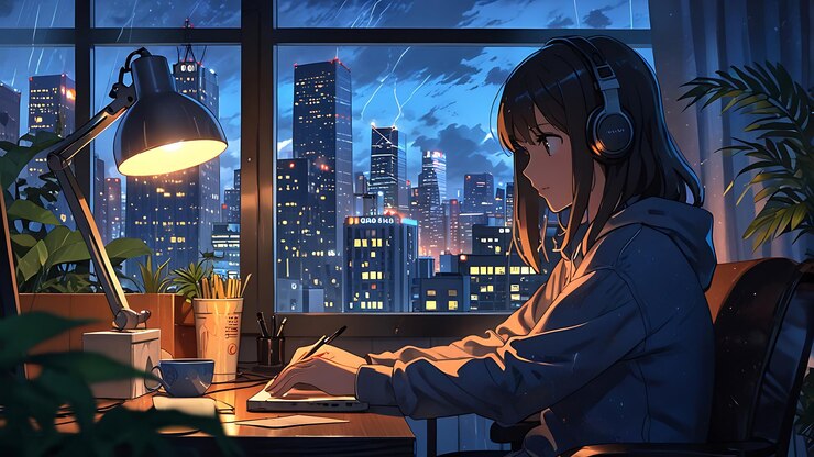 Niña Lofi leyendo un libro junto a la ventana a medianoche IA generativa