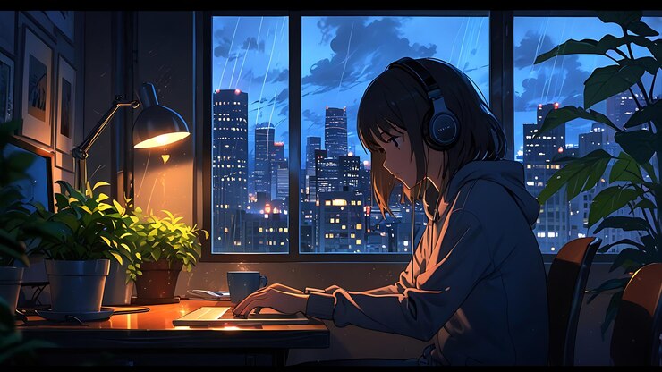 Niña Lofi leyendo un libro junto a la ventana a medianoche IA generativa