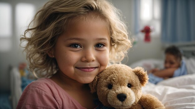 Niña luchando contra el cáncer con una sonrisa y abrazando su juguete