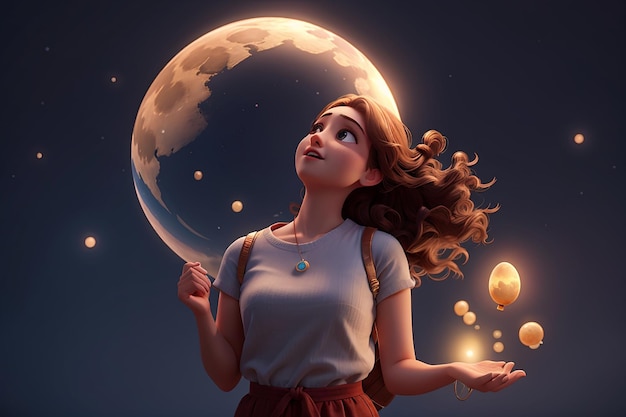 Niña con la luna como globo.