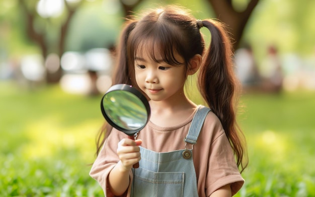 Niña con una lupa Explora y estudia la naturaleza