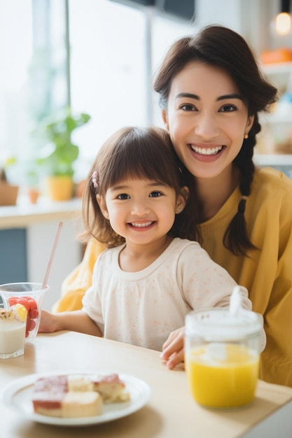 Niña y madre desayunando felizmente en la cocina