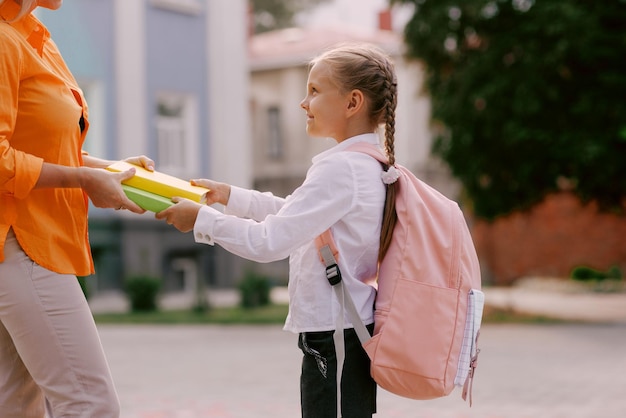 La niña y la madre se toman de la mano y van de la escuela a la escuela.