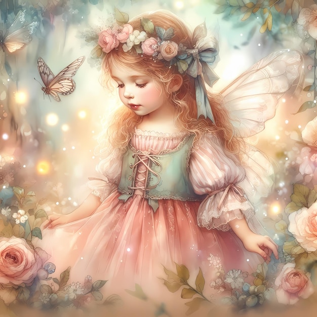 una niña con una mariposa y flores en el cabello