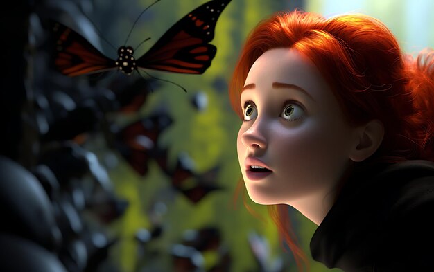 Niña con una mariposa en el fondo de la ciudad nocturna renderización 3d