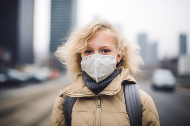 Foto niña con una máscara debido al smog en la ciudad