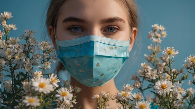 Foto niña con una máscara de flor sobre un fondo azul