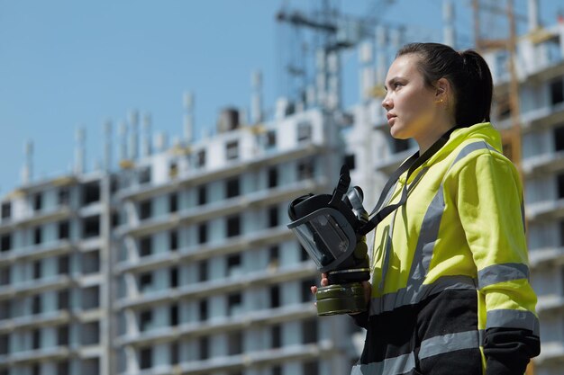 Una niña con una máscara de gas en la mano contra el fondo de un edificio industrial sin terminar.