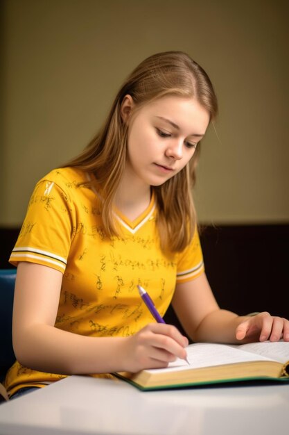 Niña mayor con una camisa amarilla en la escuela estudiando para sus exámenes creados con ai generativo