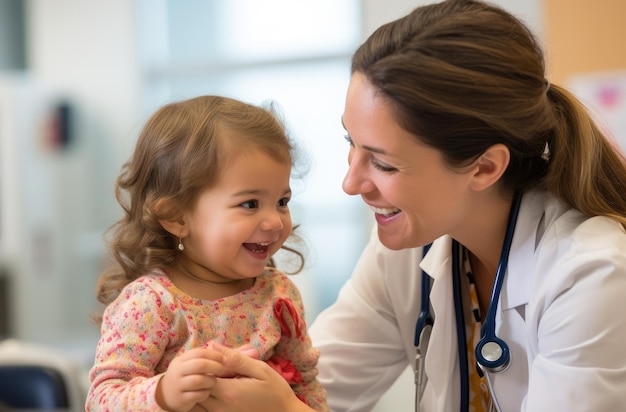 Niña en el médico para un chequeo La doctora ausculta los latidos del corazón del niño