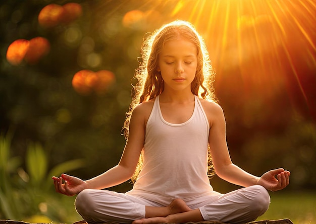 Niña meditando en posición de loto en el fondo de la naturaleza concepto de yoga