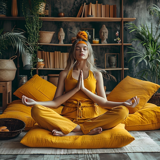 Una niña meditando con un traje amarillo.