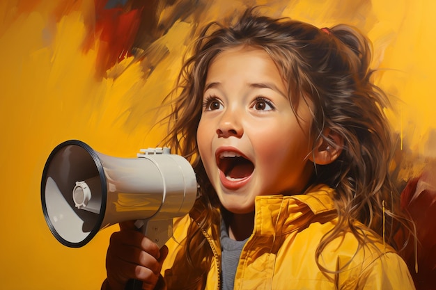 Foto niña con un megáfono retratada creativamente sobre un fondo amarillo animado ia generativa