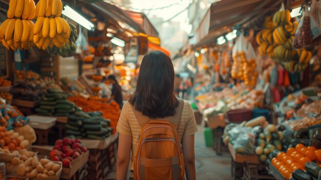 Foto niña en un mercado de frutas callejero