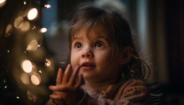 Una niña mira un árbol de Navidad con luces.