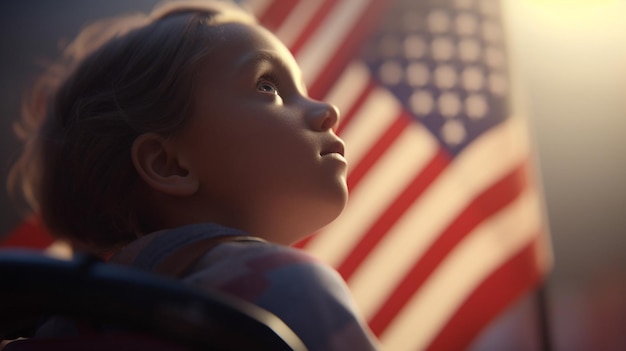 Una niña mira la bandera americana