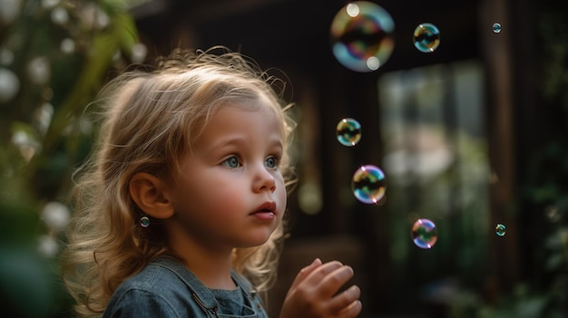 Foto una niña mira una burbuja con la palabra burbuja en la parte inferior derecha.