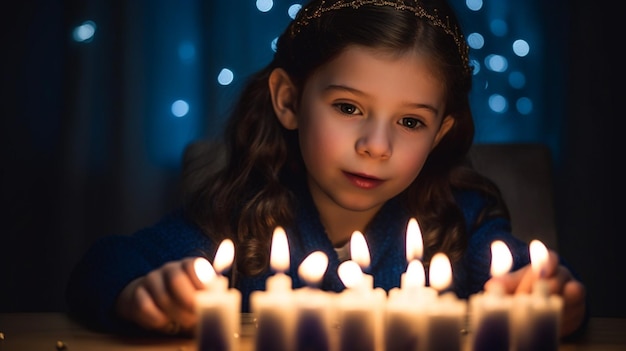 Una niña mira una gran vela con la palabra navidad.