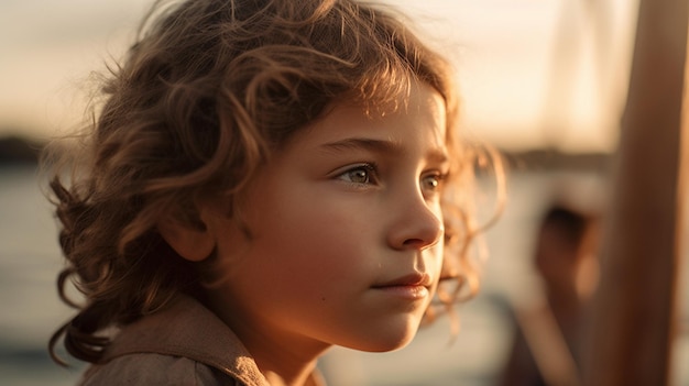 Una niña mira la puesta de sol.