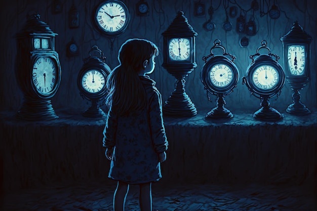 Una niña mira un reloj inusual mágico