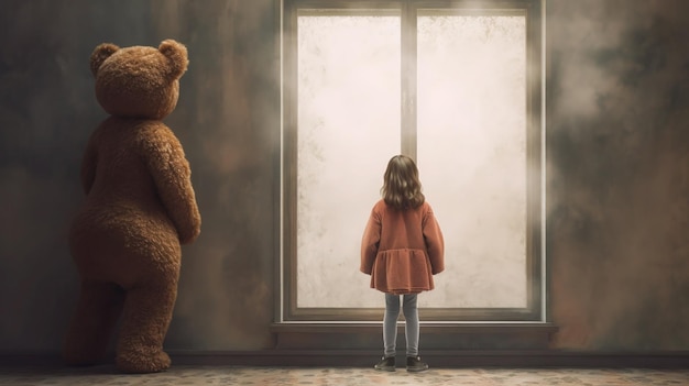 Una niña mira por la ventana a un oso de peluche.