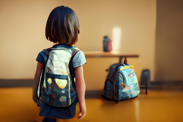 Niña mirando hacia atrás con mochila parada sola en el edificio de la escuela en un día soleado imagen generada por la red neuronal