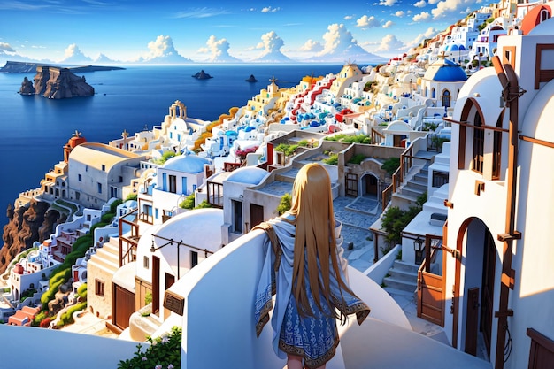 Una niña mirando una ciudad con un cielo azul y montañas al fondo.