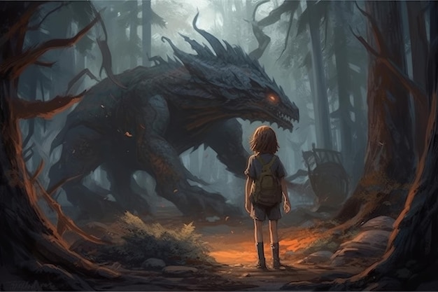 Una niña mirando a un dragón en el bosque.