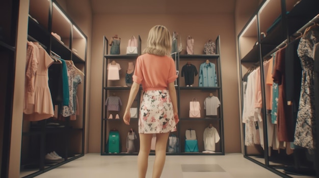 Una niña mirando un estante de ropa en una tienda.