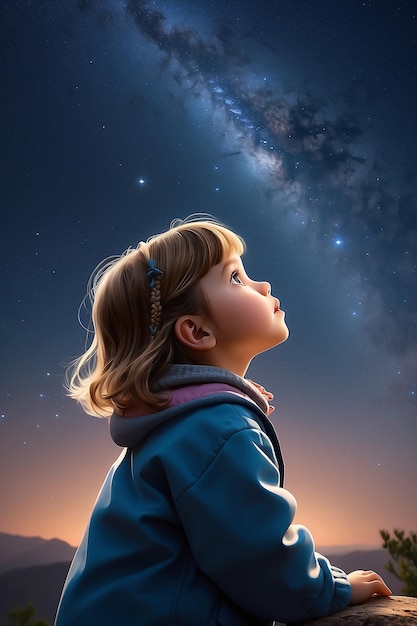 Foto niña mirando hacia las estrellas