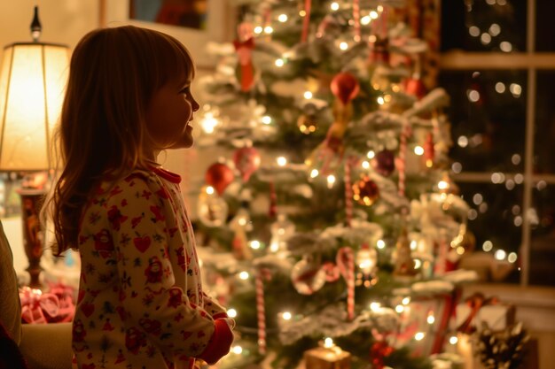 Niña mirando fijamente el árbol de Navidad con luces y regalos desempaquetados