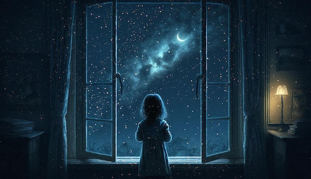 Foto una niña mirando la luna en una ventana.