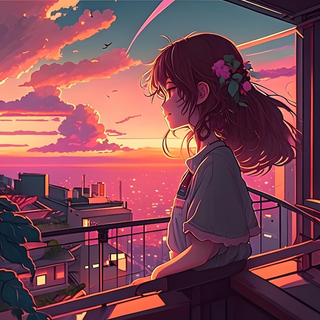 una niña mirando una puesta de sol con una ciudad al fondo