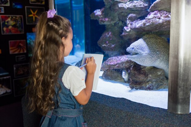 Niña mirando el tanque de peces