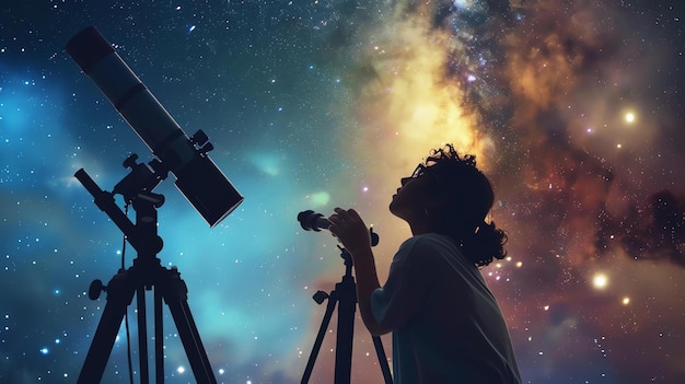 Foto niña mirando a través de un telescopio a las estrellas