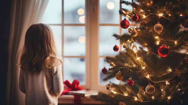 Una niña mirando por una ventana a un árbol de Navidad