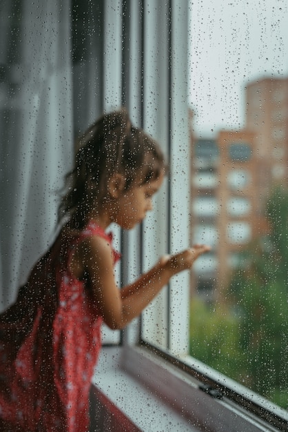 Niña mirando por la ventana en un día lluvioso