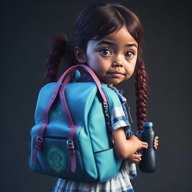 Una niña con una mochila azul y una mochila rosa.