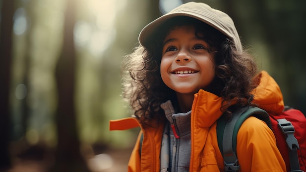 Niña con mochila en el bosque