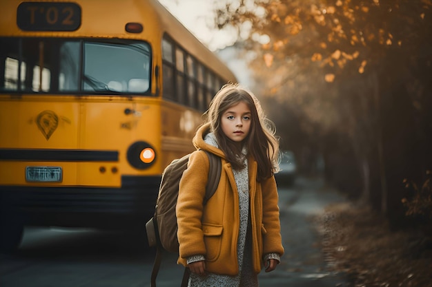 Una niña con una mochila cerca del autobús escolar Regreso a la escuela IA generativa