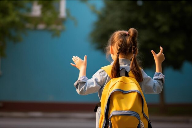 Foto una niña con una mochila que dice 