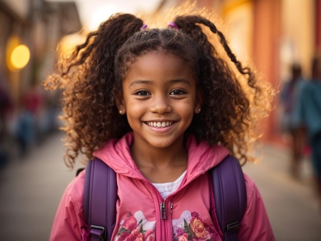 Una niña con una mochila sonríe a la cámara