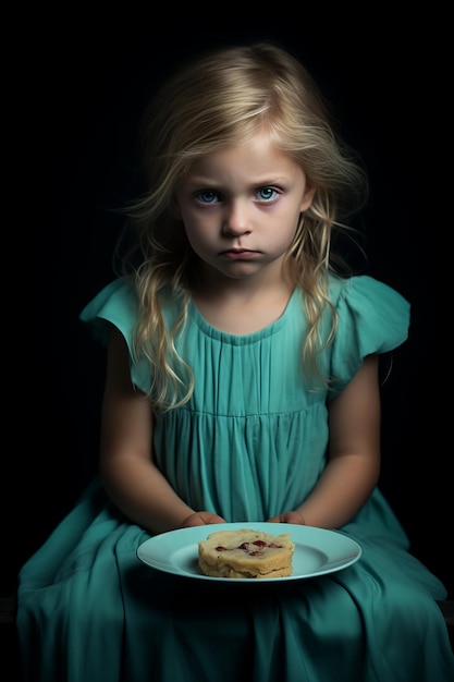 Niña molesta con pastel en el plato Restricciones de la dieta Alergias a los alimentos Concepto vertical