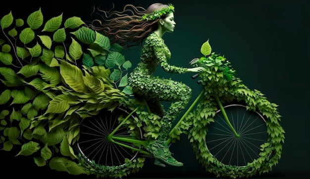 Una niña monta una bicicleta hecha de hojas verdes el concepto de ecología y medio ambiente sobre un fondo verde Ai generativo