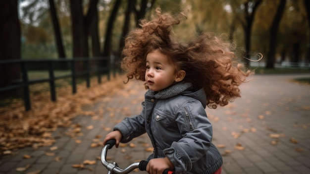 Una niña monta una bicicleta con la palabra caída en el frente.